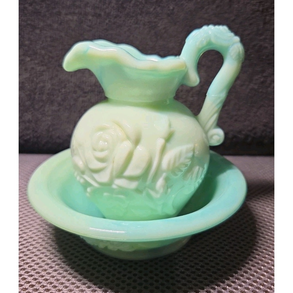 Vintage Avon Jadeite Green Swirl Milk Glass Rose Mini Bowl and Pitcher Set 1976